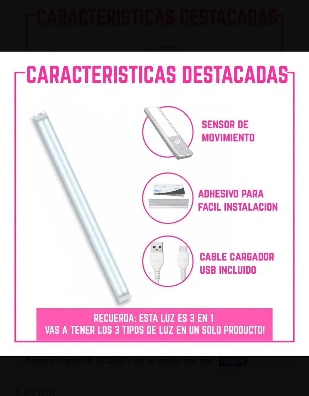 Barra Luz Led 60cm con Sensor de Movimiento , Recargable USB