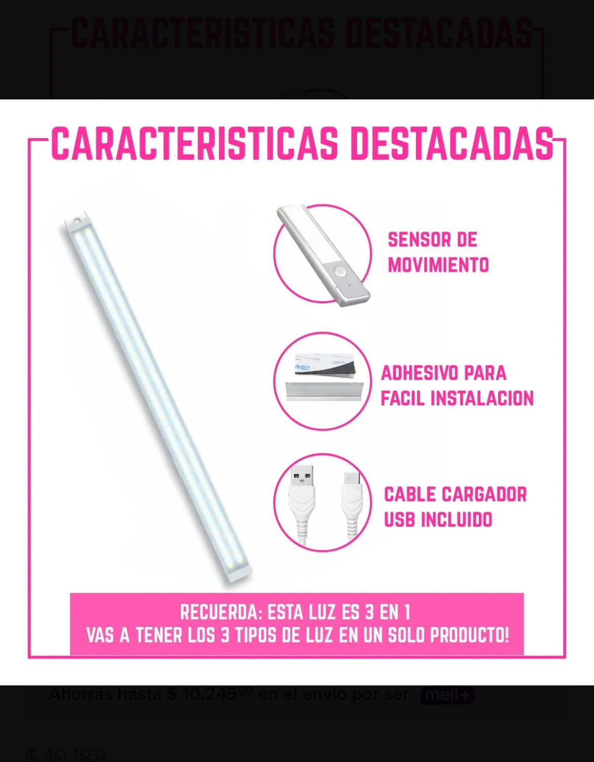 Barra Luz Led 60cm con Sensor de Movimiento , Recargable USB