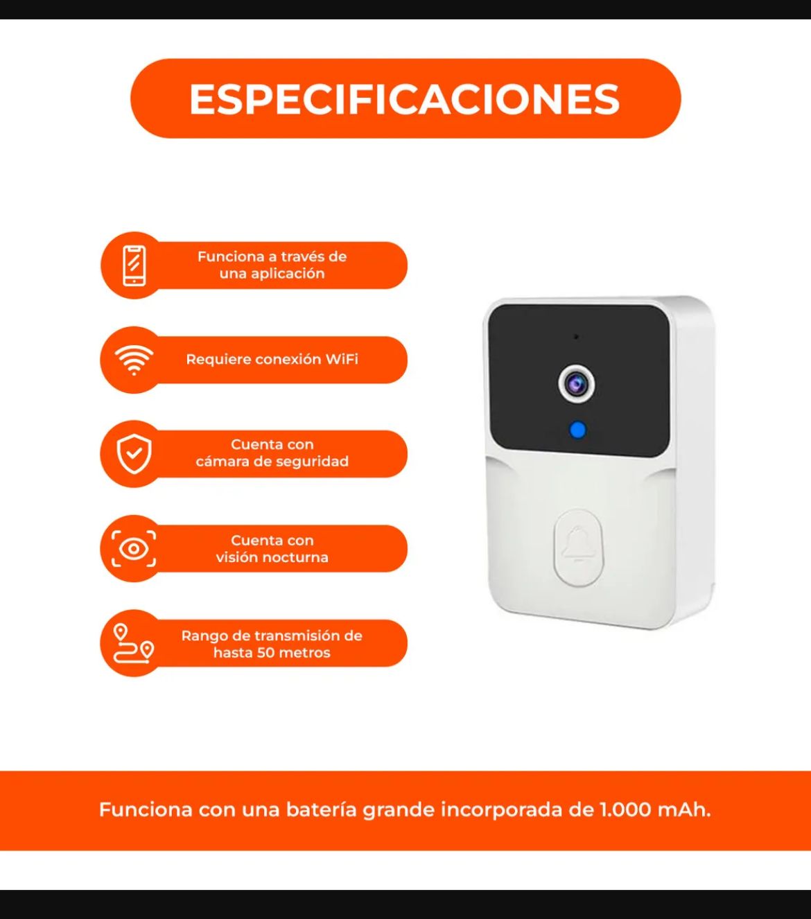 Timbre Smart Portero Inalámbrico con Cámara HD